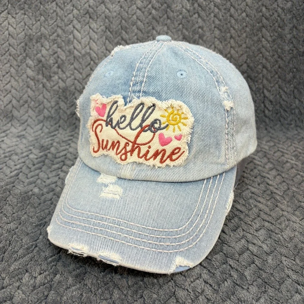Unbranded Hello Sunshine Adjustable OS Light Wash Denim Distressed Cap